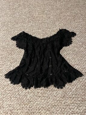 Odille Black Lace Off-Shoulder Ruffle Hem Top